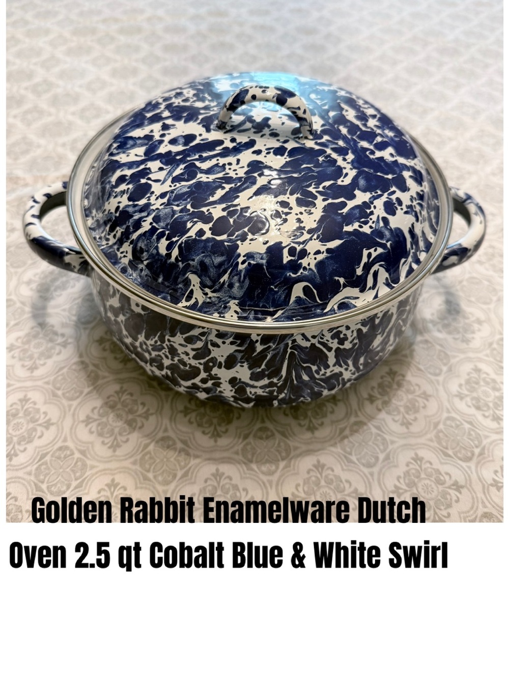 Golden Rabbit Enamelware Dutch Oven 2.5 qt Cobalt Blue & White Swirl